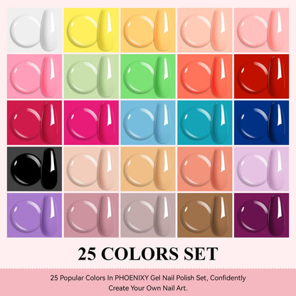 Phoenixy Gel Nail Polish Set – 25 Colors + Base & Top Coats, All-Season UV Gel