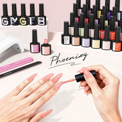 Phoenixy 71 Pcs Gel Nail Kit with UV Light — 55 Colors, 60 Bottles, Base & Top Coats, DIY Manicure Set