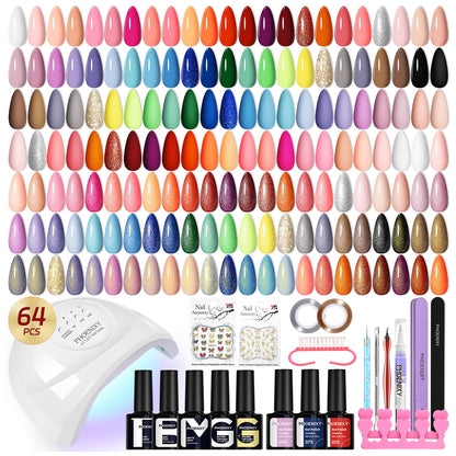 Phoenixy Gel Nail Polish Kit with UV Light — 64 Pcs, 45 Colors, All Seasons