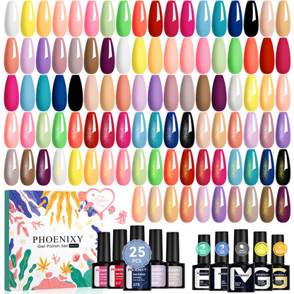 Phoenixy Gel Nail Polish Set – 25 Colors + Base & Top Coats, All-Season UV Gel