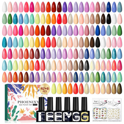 Phoenixy Gel Nail Polish Set – 42 Colors with Base Coat & 4 Top Coats for All-Season Manicures