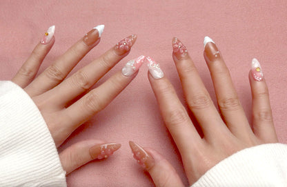 PHYLIN LEAF Handmade Press On Nails – Medium Almond, 3D Sea Shell & Butterfly Design