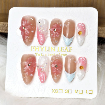 PHYLIN LEAF Handmade Press On Nails – Medium Almond, 3D Sea Shell & Butterfly Design