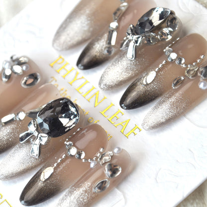 PHYLIN LEAF Handmade Press On Nails – Almond Oval 3D Black Crystal Design, Medium Long