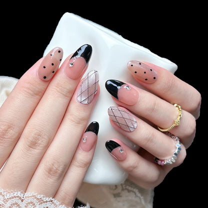 PHYLIN LEAF Handmade Press On Nails – Medium Almond Oval French Pink & Black Checkered