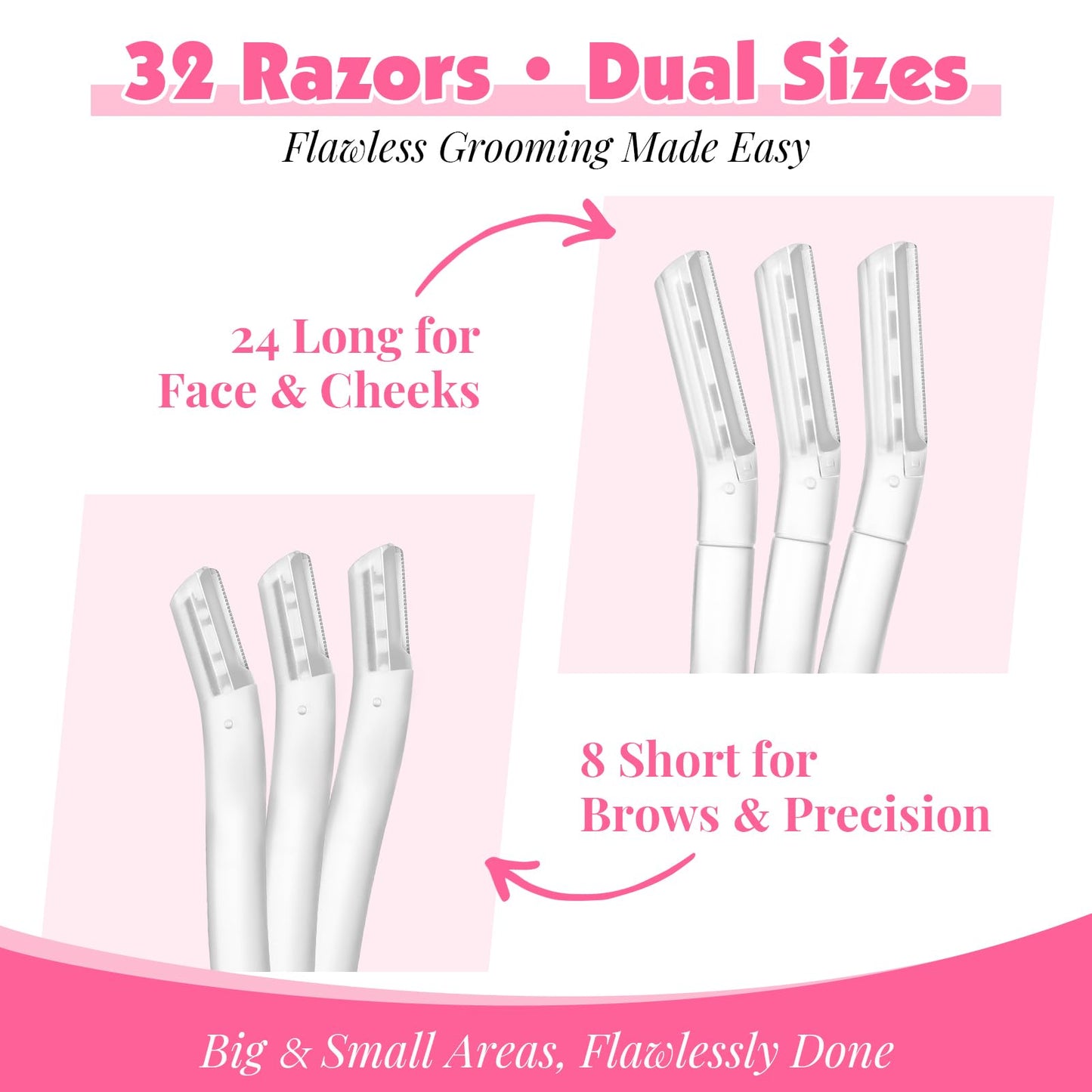 Phyyixs 32-Pack Face Razors for Women – Dermaplane & Eyebrow Razor Set, 24 Long + 8 Short Blades for Peach Fuzz Removal, Gentle Exfoliation, Stocking Stuffers
