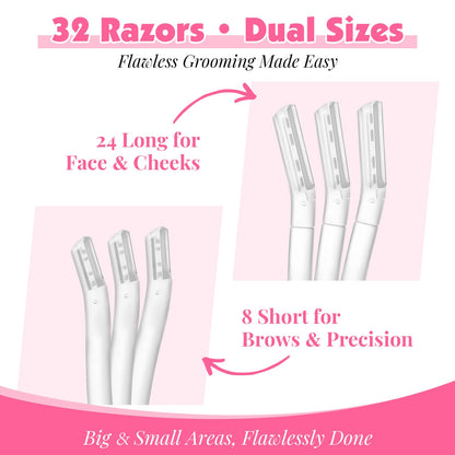 Phyyixs 32-Pack Face Razors for Women – Dermaplane & Eyebrow Razor Set, 24 Long + 8 Short Blades for Peach Fuzz Removal, Gentle Exfoliation, Stocking Stuffers