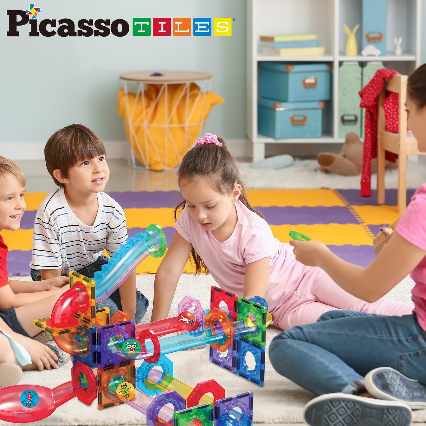PicassoTiles Pete the Cat Magnet Marble Run — Magnetic Building Blocks for STEM Play (Ages 3+)