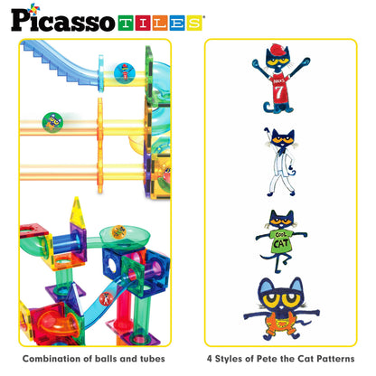 PicassoTiles Pete the Cat Magnet Marble Run — Magnetic Building Blocks for STEM Play (Ages 3+)