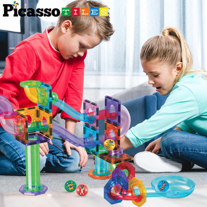 PicassoTiles Pete the Cat Magnet Marble Run — Magnetic Building Blocks for STEM Play (Ages 3+)