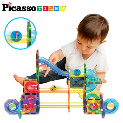 PicassoTiles Pete the Cat Magnet Marble Run — Magnetic Building Blocks for STEM Play (Ages 3+)