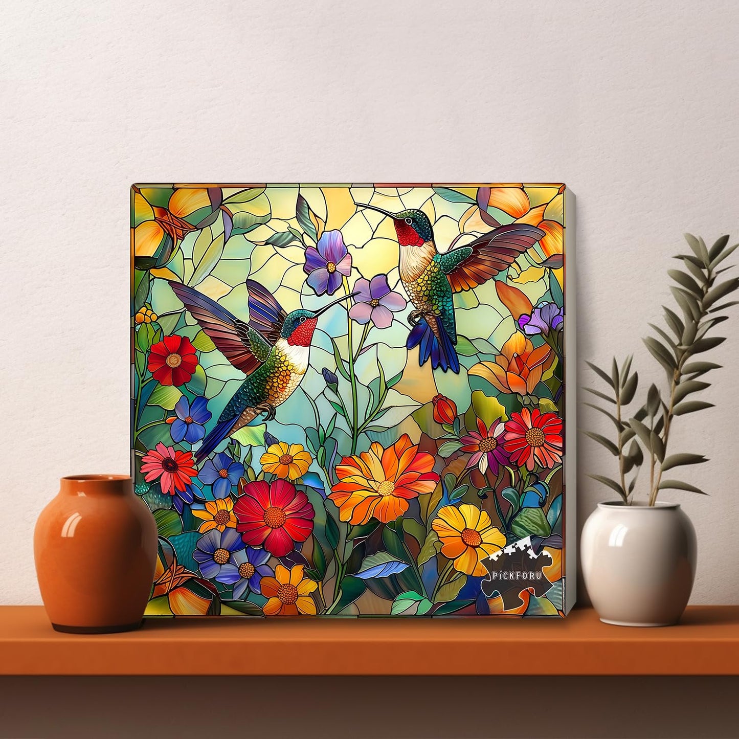 PICKFORU Stained Glass Puzzles 1000 Pieces – Flower Hummingbird Mosaic