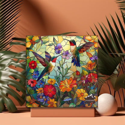 PICKFORU Stained Glass Puzzles 1000 Pieces – Flower Hummingbird Mosaic