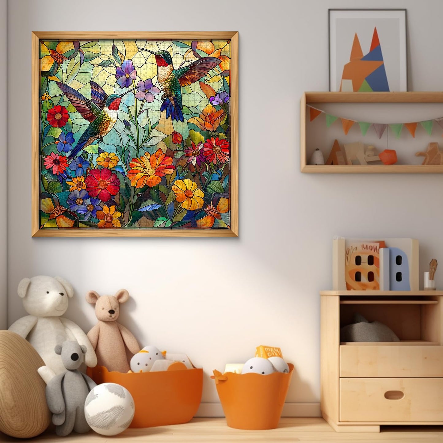 PICKFORU Stained Glass Puzzles 1000 Pieces – Flower Hummingbird Mosaic