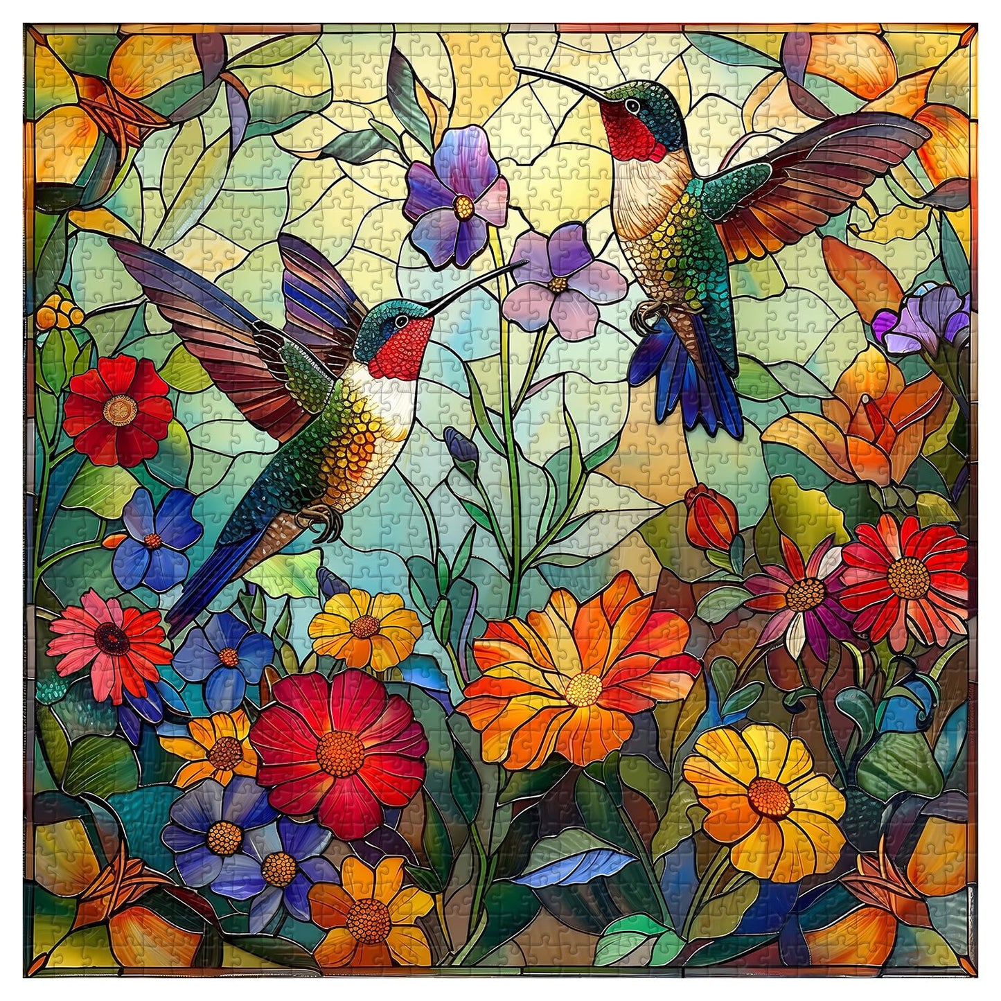 PICKFORU Stained Glass Puzzles 1000 Pieces – Flower Hummingbird Mosaic