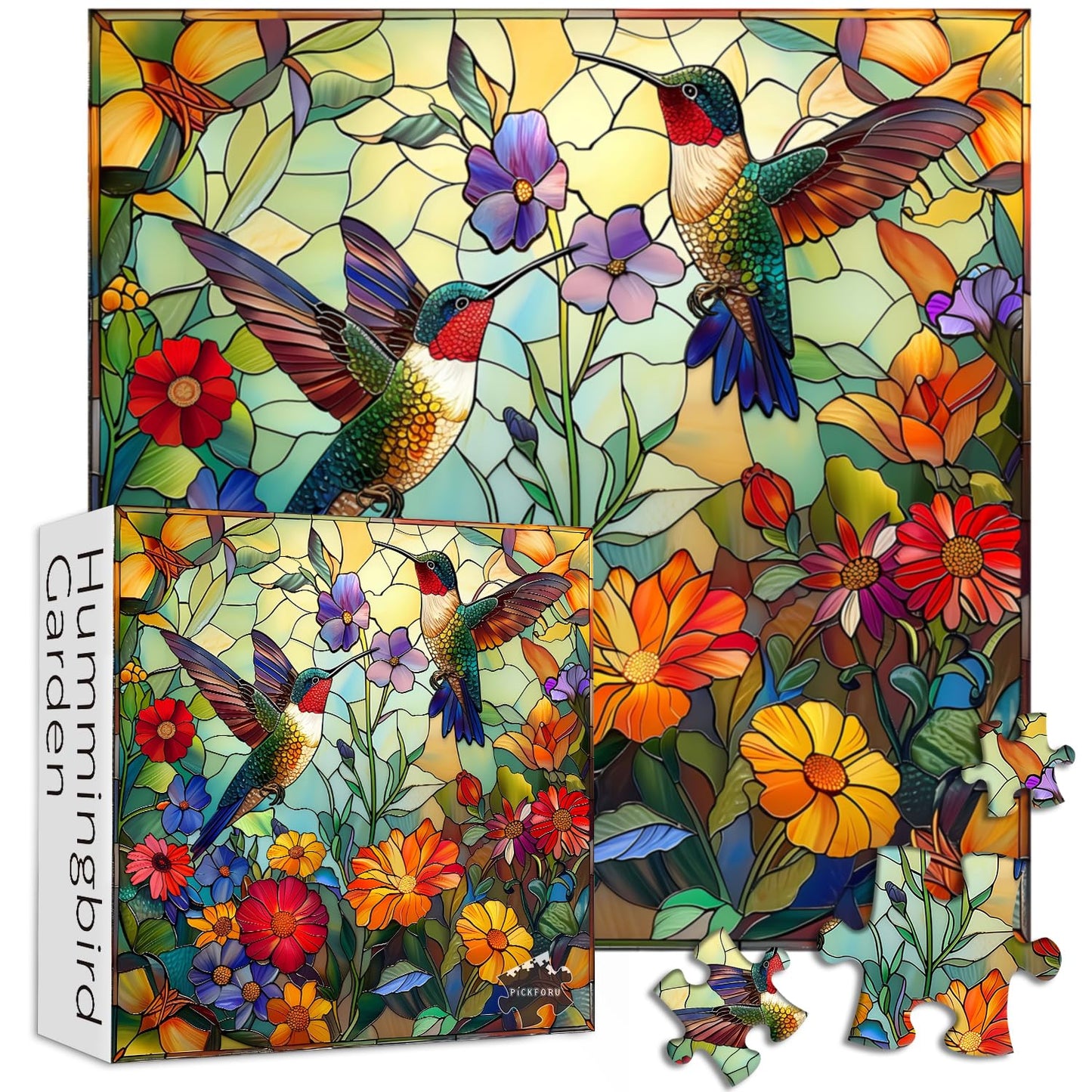 PICKFORU Stained Glass Puzzles 1000 Pieces – Flower Hummingbird Mosaic