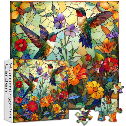 PICKFORU Stained Glass Puzzles 1000 Pieces – Flower Hummingbird Mosaic