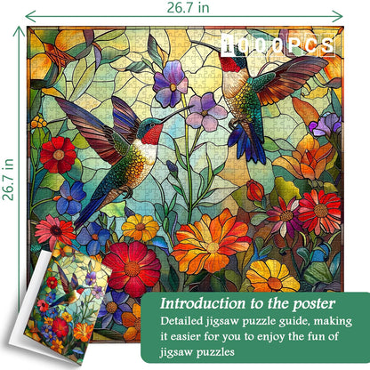 PICKFORU Stained Glass Puzzles 1000 Pieces – Flower Hummingbird Mosaic