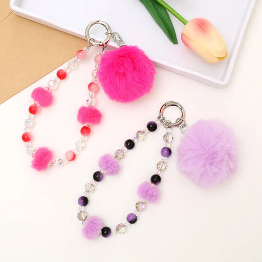 Basic Commute Round Arylic Plush Beaded Keychain