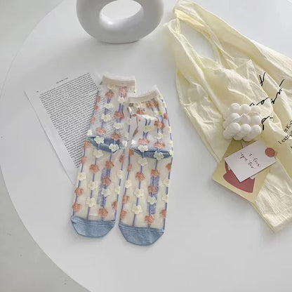 5 Pairs Per Pack Cute Modern Style Women's Flower Cotton Crystal wire Crew Socks