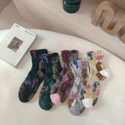 A Pair Casual Women's Printing Flower Cotton Crew Socks
