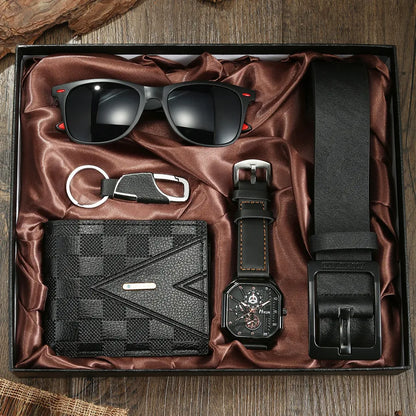 Business Color Block Folding Buckle Quartz Men's Watches Gift Set