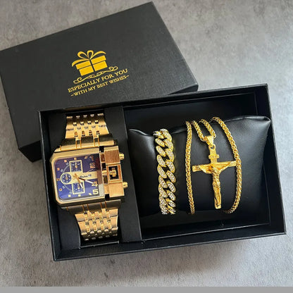 Business Color Block Folding Buckle Quartz Men's Watches Gift Set