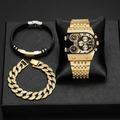 Business Color Block Folding Buckle Quartz Men's Watches Gift Set