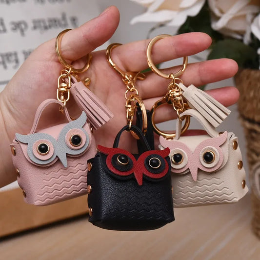cartoon style owl pu leather metal unisex bag pendant keychain