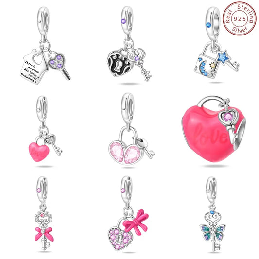 1 Piece 9.4*26.7mm Hole 4~4.9mm Sterling Silver Zircon Heart Shape Key Lock Pendant Jewelry Accessories