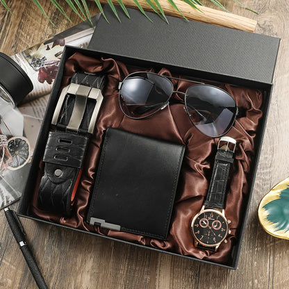 Business Color Block Folding Buckle Quartz Men's Watches Gift Set