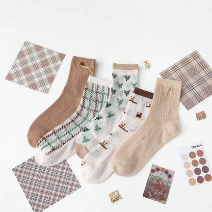 5 Pairs Cute Modern Style Women's Cherry Flower Cotton Crew Socks