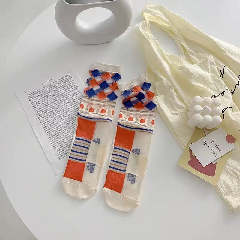 5 Pairs Per Pack Cute Modern Style Women's Flower Cotton Crystal wire Crew Socks