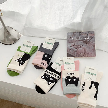 A Pair Cute Sweet Women's Letter Cat Cotton Crew Socks