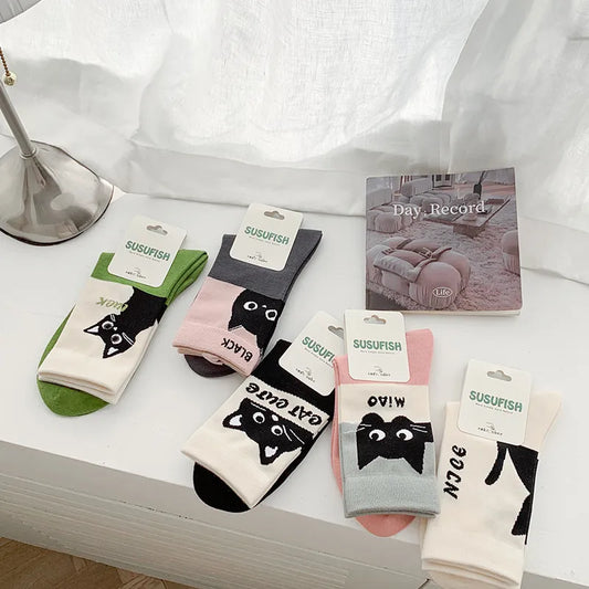 A Pair Cute Sweet Women's Letter Cat Cotton Crew Socks