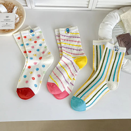 A Pair Cute Women's Stripe Polka Dots Cotton Crew Socks