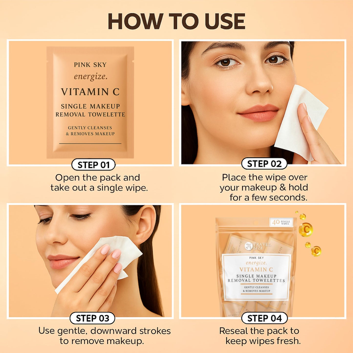 Pink Sky Vitamin C Makeup Remover Wipes - 40 Individually Wrapped Towelettes