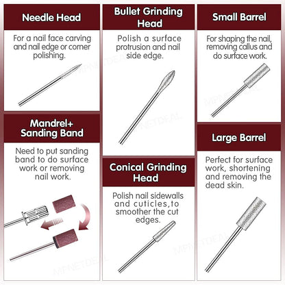 Pinkiou Professional Electric Nail Drill Kit – 7 Drill Bits + 6 Gel Removers