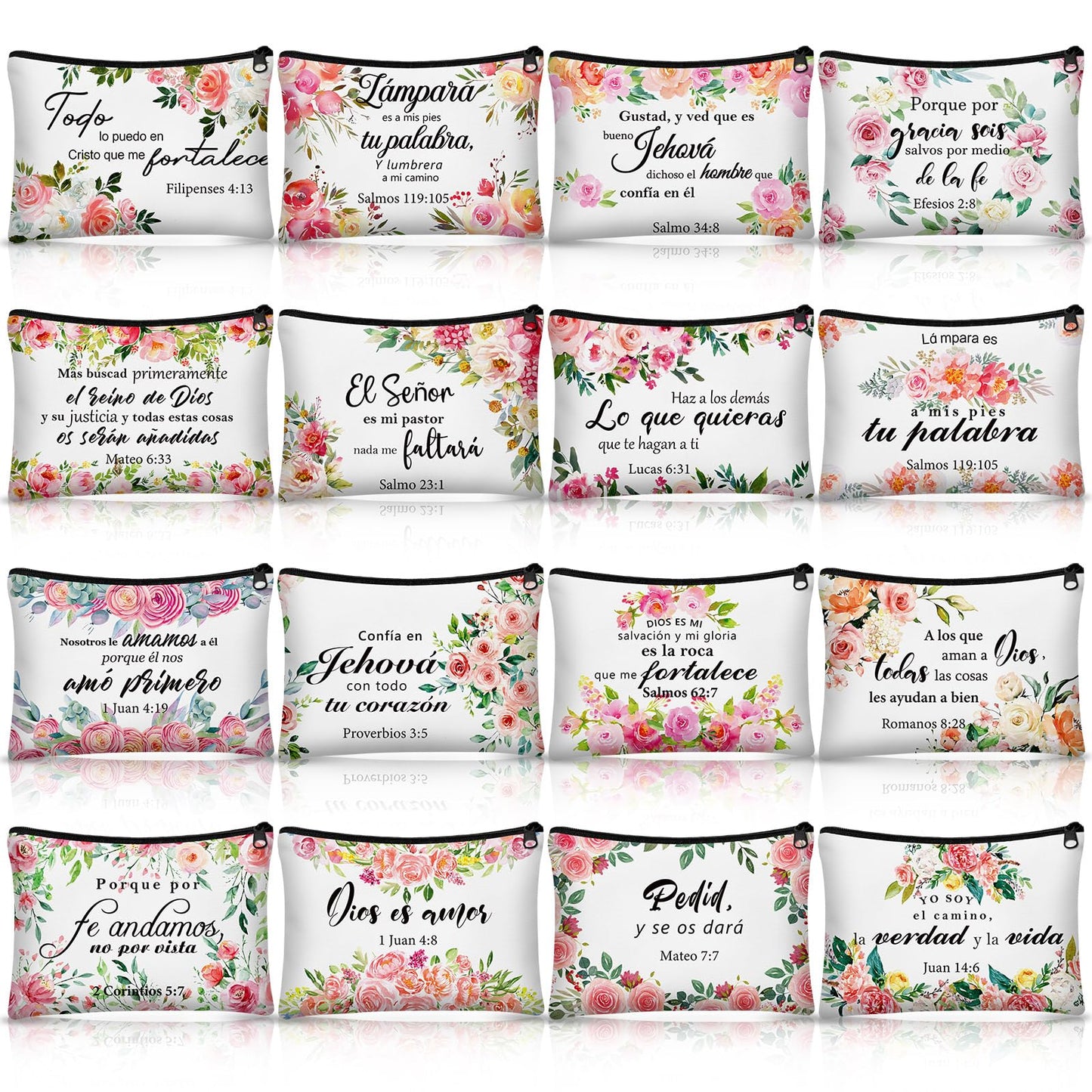 Pinkunn 16-Piece Spanish Floral Canvas Makeup Bags with Zipper – Inspirational Gift Set