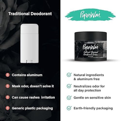 PiperWai Natural Deodorant Cream with Activated Charcoal – 24-Hour Odor Protection, Aluminum-Free, Vegan | 2 oz Jar