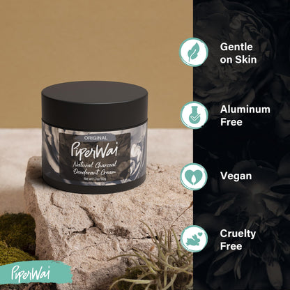 PiperWai Natural Deodorant Cream with Activated Charcoal – 24-Hour Odor Protection, Aluminum-Free, Vegan | 2 oz Jar