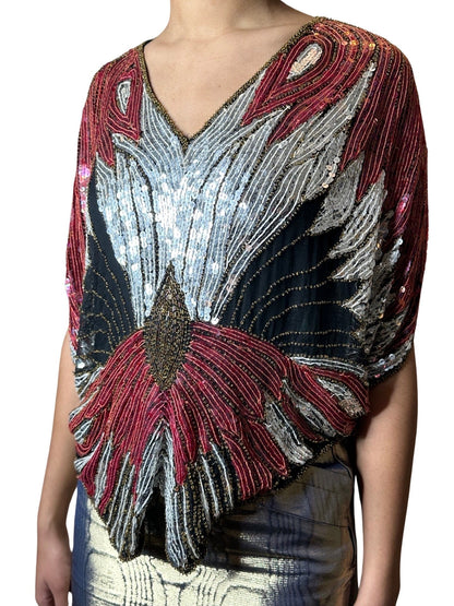 Original Vintage Late 1970's Red / Silver / Black Sequinned Butterfly Top UK 8 - 14