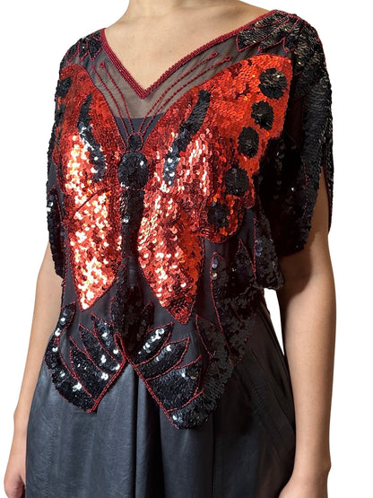 Original 1970's Vintage Black / Red Sequinned Butterfly Top UK 8 - 12