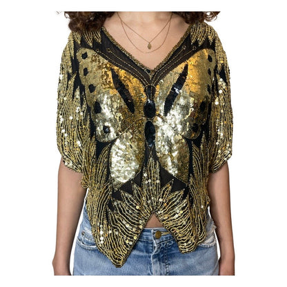 Original Vintage Late 1970's Gold & Black Silk Sequin Butterfly Top UK 6 - 14