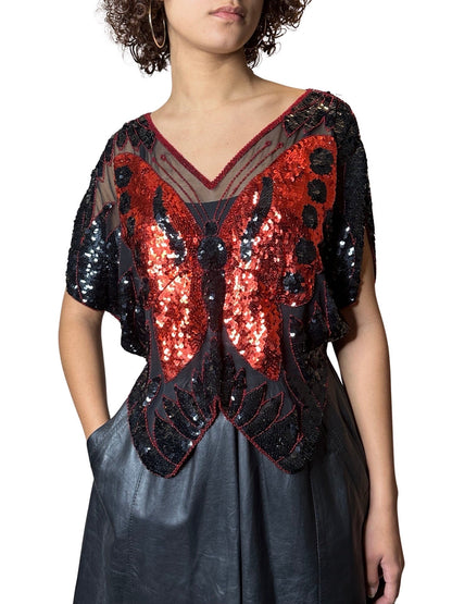 Original 1970's Vintage Black / Red Sequinned Butterfly Top UK 8 - 12