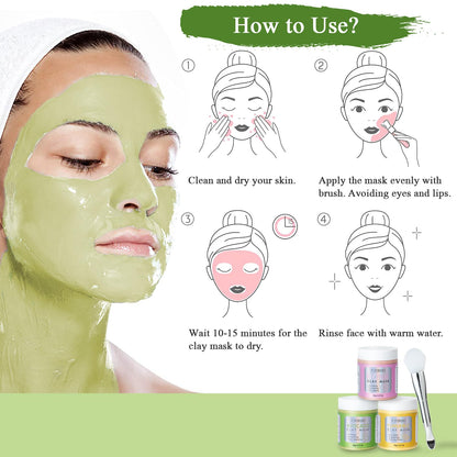 Pjordo 3 Pack Clay Masks – Turmeric Vitamin C, Avocado Green Tea & Rose Masks for Deep Cleaning