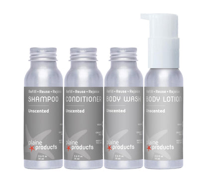 Plaine Products Travel Size Kit: Unscented Refillable Shampoo, Conditioner, Body Wash & Body Lotion (2.5 oz)