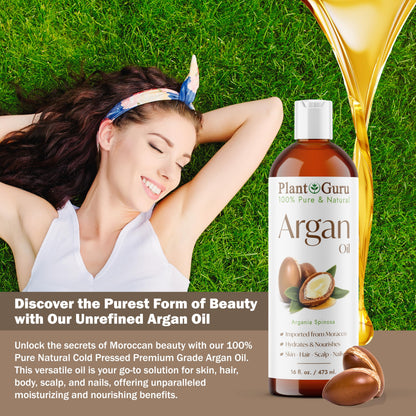 Plant Guru Argan Oil 16oz — Cold-Pressed Morocco Virgin, 100% Pure for Hair, Skin & Body