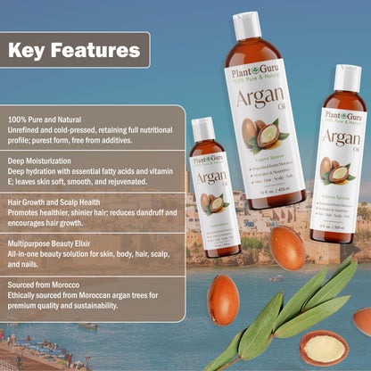 Plant Guru Argan Oil 16oz — Cold-Pressed Morocco Virgin, 100% Pure for Hair, Skin & Body