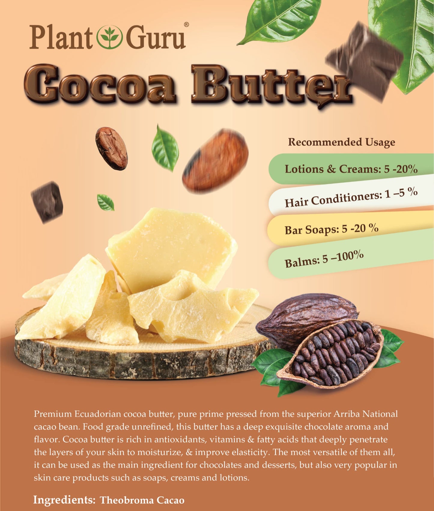Plant Guru Raw Cocoa Butter 2 Lbs Bar — 100% Pure Arriba Nacional Cacao Bean, Food Grade